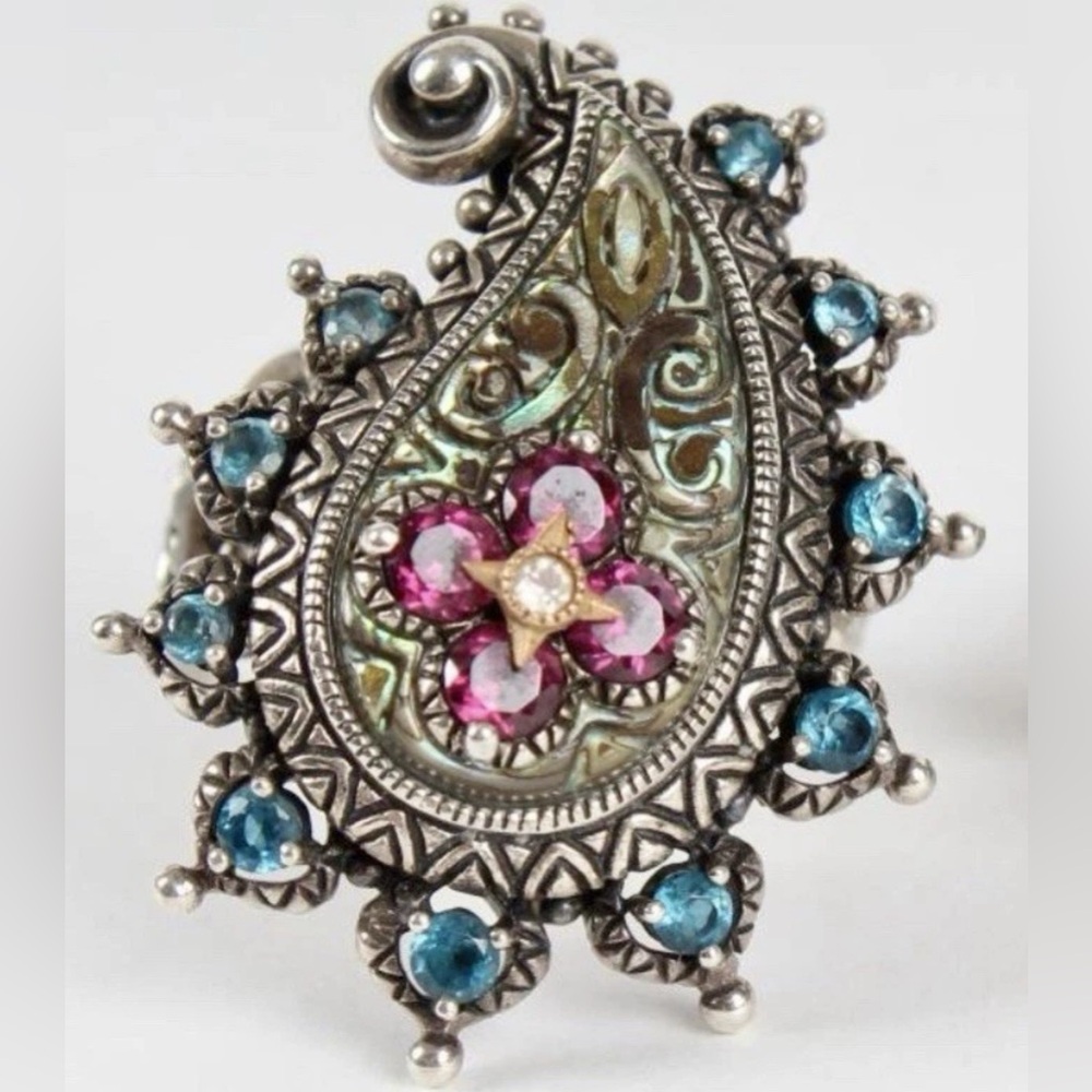 Barbara Bixby 925 Silver 18k Gold Garnet & Topaz Gemstone Paisley Ring Size 8